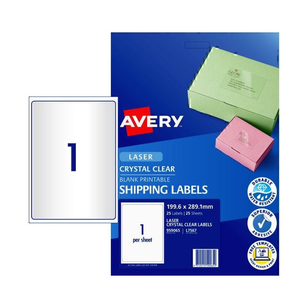 Avery #959065 Crystal Clear Laser Shipping Labels 1UP 199.6 x 289.1mm - L7567 (25 Labels/25 Sheets)