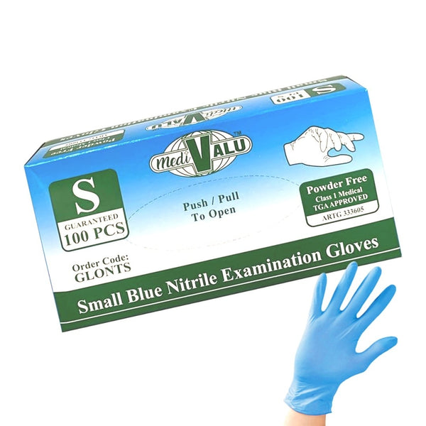 Blue Nitrile Gloves Latex and Powder TGA Approved Examination Gloves Pack of 100 - Small