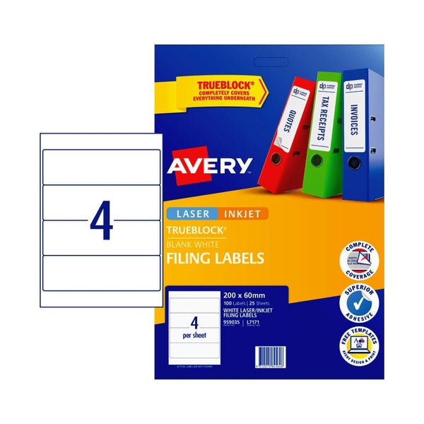 Avery #959035 TrueBlock White Laser Inkjet Filing Labels 4UP 200 x 60mm - L7171 (100 Labels/25 Sheets)