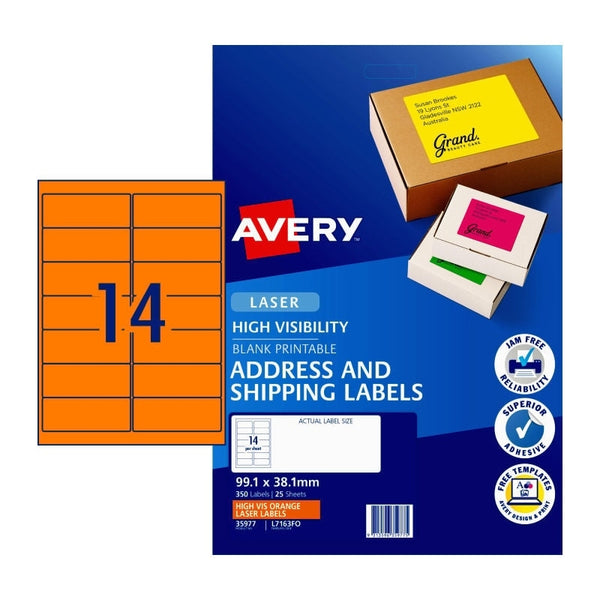 Avery #35977 Fluoro Orange High Visibility Laser Shipping Labels 14UP 99.1 x 38.1mm - L7163FO (350 Labels/25 Sheets)