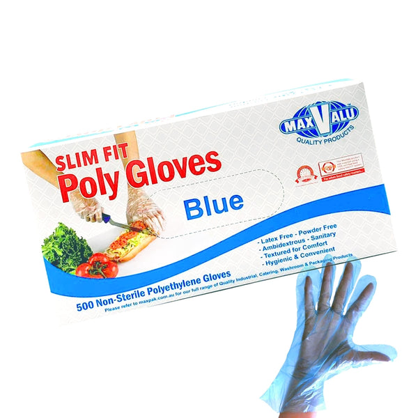 Poly Gloves Non-Sterile Food Safe Polyethylene Disposable Gloves Transparent Blue Pack of 500 - Medium