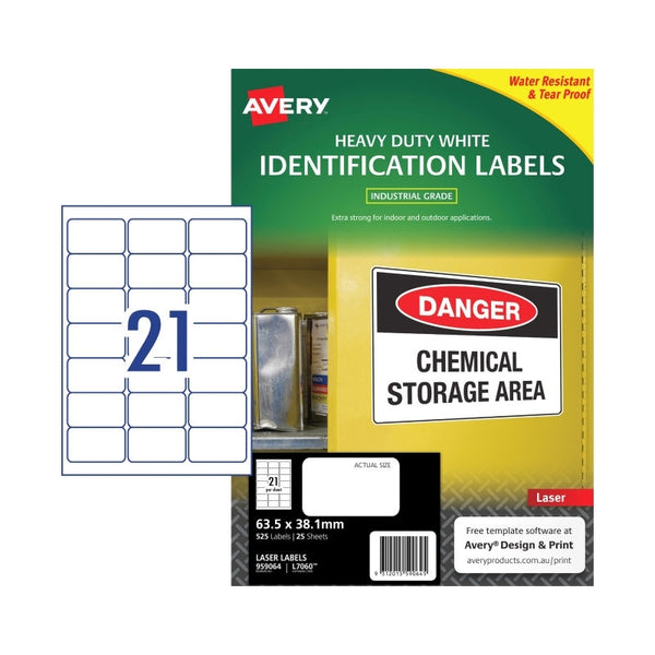 Avery #959064 Durable Heavy Duty White Laser Labels 21UP 63.5 x 38.1mm - L7060 (525 Labels/25 Sheets)