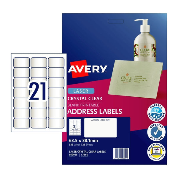 Avery #959055 Crystal Clear Laser Rectangle Address Labels 21UP 63.5 x 38.1mm - L7560 (525 Labels/25 Sheets)