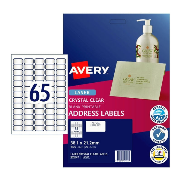 Avery #959022 Crystal Clear Laser Address Labels 65UP 38.1 x 21.2mm - L7551 (1625 Labels/25 Sheets)