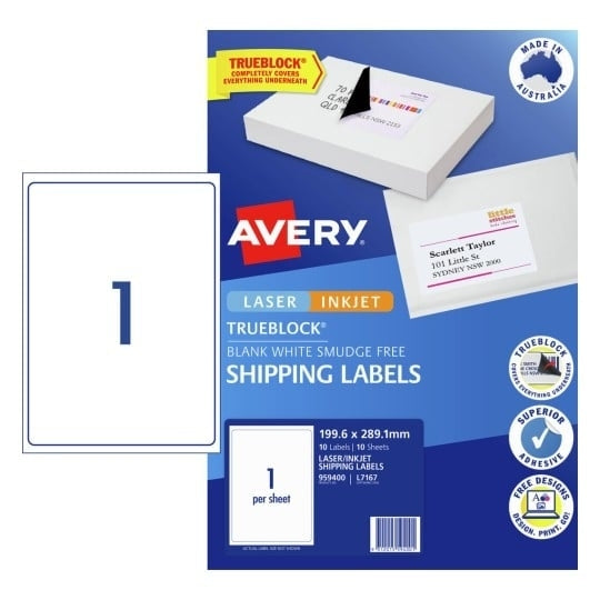 Avery #959400 TrueBlock LASER INKJET Shipping Labels 1UP 199.6 x 289.1 mm - L7167 (10 Labels/10 sheets)