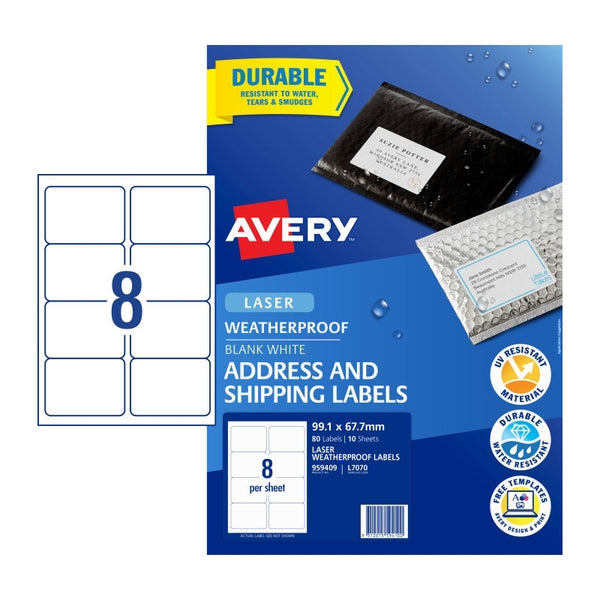 Avery #959409 Weatherproof Laser Shipping Labels 8UP 99.1 x 67.7mm - L7070 (80 Labels/10 Sheets)