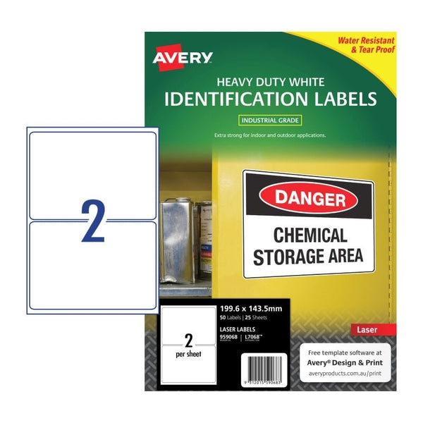 Avery #959068 Durable Heavy Duty White Laser Labels 2UP 199.6 x 143.5mm - L7068 (50 Labels/25 Sheets)
