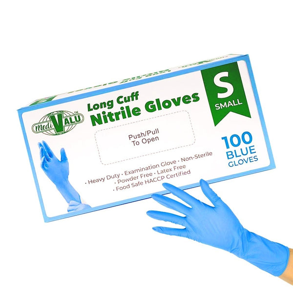 Long Cuff Heavy Duty Nitrile Examination Gloves Food Safe Certified Blue Pack of 1,000 - Small