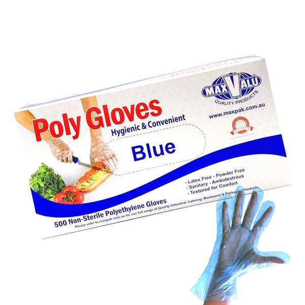 Poly Gloves Non-Sterile Food Safe Polyethylene Disposable Gloves Transparent Blue Pack of 500 - Extra Large