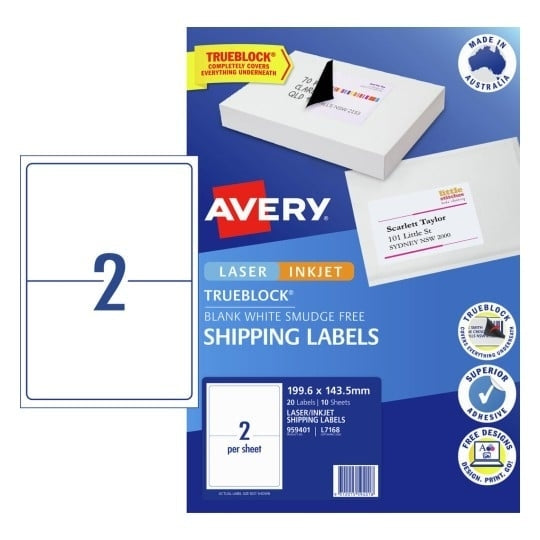 Avery #959401 TrueBlock LASER INKJET Shipping Labels 2UP 199.6 x 143.5mm - L7168 (20 Labels/10 sheets)