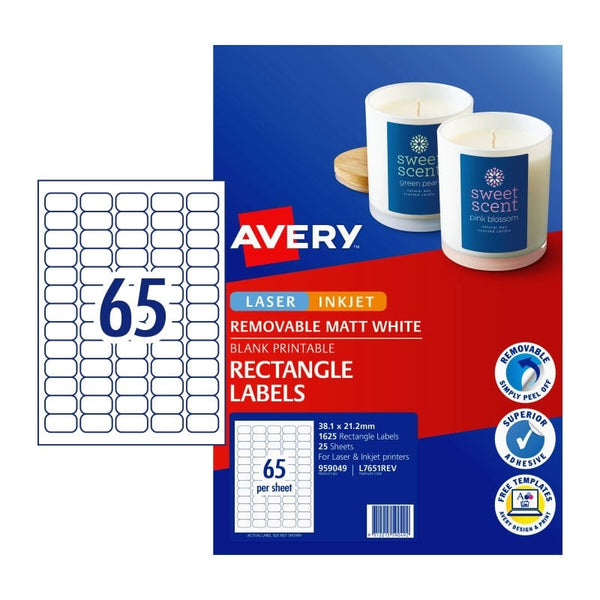 Avery #959049 White Matte Laser Inkjet Removable Multi-Purpose Rectangle Labels 65UP 38.1 x 21.2mm - L7651REV (1625 Labels/25 Sheets)