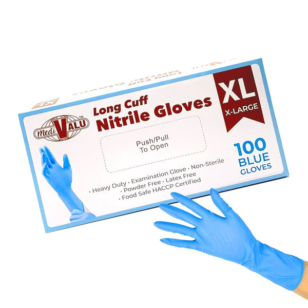 Long Cuff Heavy Duty Nitrile Examination Gloves Food Safe Certified Blue Pack of 100 - Extra Large