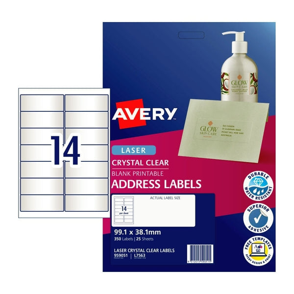 Avery #959051 Crystal Clear Laser Address Labels 14UP 99.1 x 38.1mm - L7563 (350 Labels/25 Sheets)