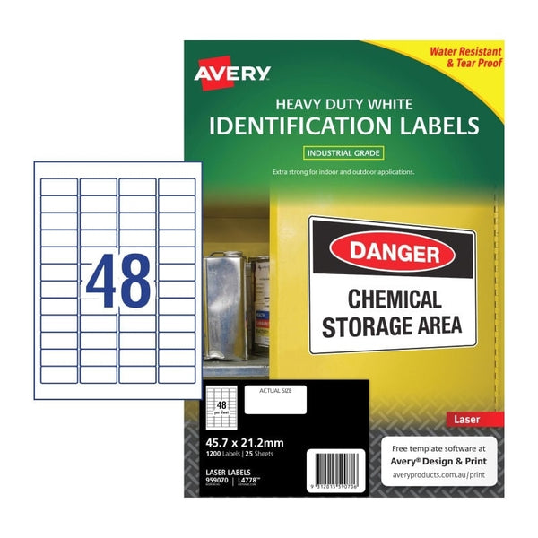 Avery #959070 Durable Heavy Duty White Laser Labels 48UP 45.7 x 21.2mm - L4778 (1200 Labels/25 Sheets)