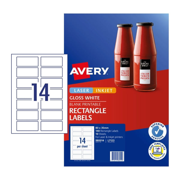 Avery #980014 White Glossy Laser Inkjet Rectangle Labels 14UP 80 x 35mm - L7123 (140 Labels/10 Sheets)