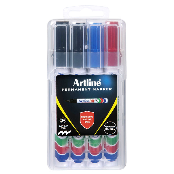 Artline 90 Permanent Marker 5mm Chisel Nib Assorted Hard Case 4pk