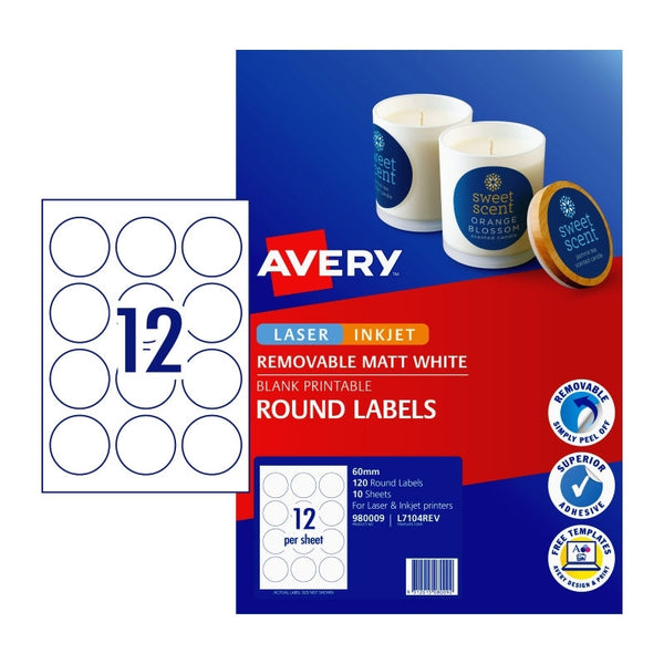 Avery #980009 White Matte Laser Inkjet Round Labels 12UP 60mm - L7104 (120 Labels/10 Sheets)
