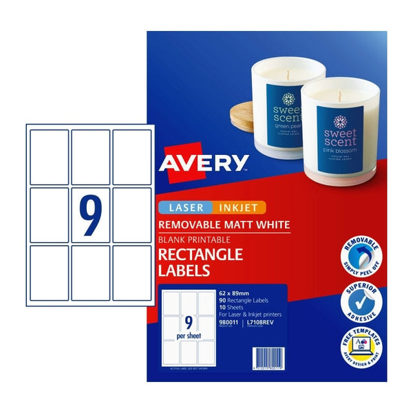 Avery #980011 White Matte Laser Inkjet Removable Multi-Purpose Rectangle Labels 9UP 62 x 89mm - L7108REV (90 Labels/10 Sheets)
