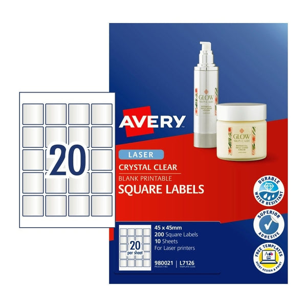 Avery #980021 Crystal Clear Laser Square Labels 20UP 45 x 45mm - L7126 (100 Labels/10 Sheets)