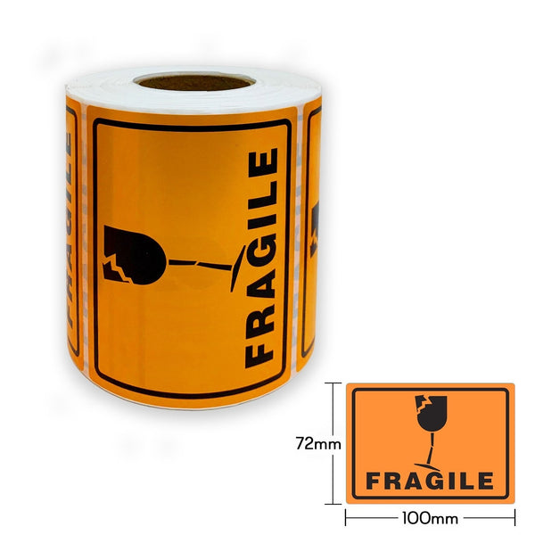 1 Roll x FRAGILE Glass Warning Label in Orange Shipping Adhesive Sticker 100x72mm (500 Labels per Roll)