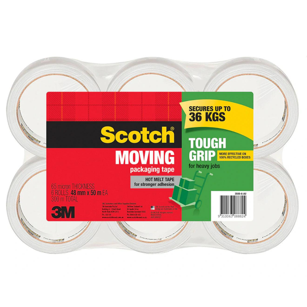 Scotch Tough Grip Moving Packaging Tape 48mm x 50m - Pack of 6 Rolls