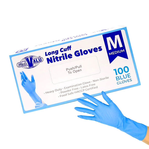 Long Cuff Heavy Duty Nitrile Examination Gloves Food Safe Certified Blue Pack of 100 - Medium