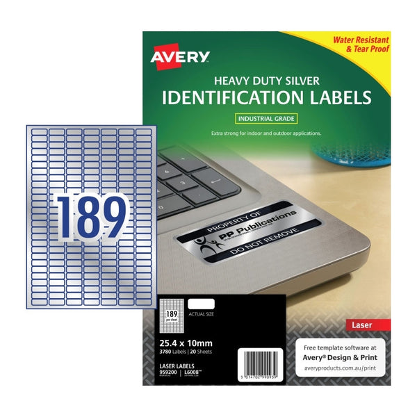 Avery #959200 Silver Heavy Duty Identification Laser Labels 189UP 25.4 x 10mm - L6008 (3780 labels/20 sheets)