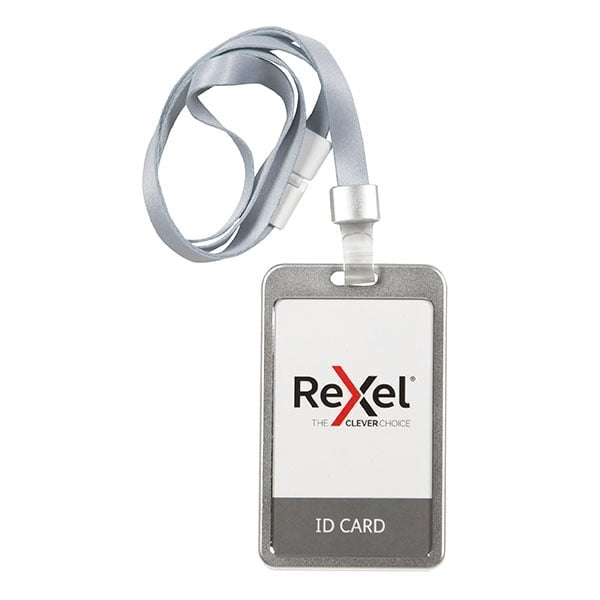 Rexel ID Portrait Aluminium Card Holder with Lanyard Silver Pack of 1