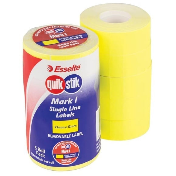 QuikStik Mark 1 Price Gun Single Line Labels Removable Radiant Yellow 48265 (Pack of 5 Rolls)