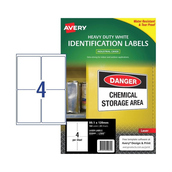 Avery #959069 Durable Heavy Duty White Laser Labels 4UP 99.1 x 139mm - L7069 (100 Labels/25 Sheets)