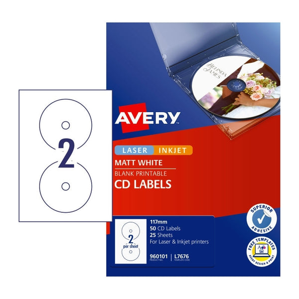 Avery #960101 White Matte Laser Inkjet CD Labels 2UP 117mm - L7676 (50 Labels/25 Sheets)