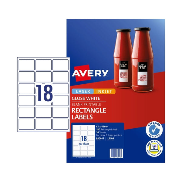 Avery #980013 White Glossy Laser Inkjet Rectangle Labels 18UP 62 x 42mm - L7109 (180 Labels/10 Sheets)