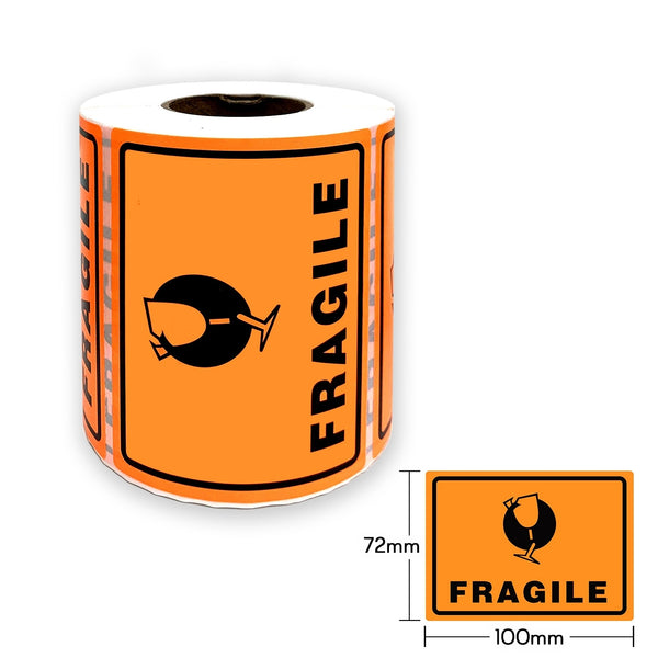 1 Roll x Fragile Warning Label Fluoro Orange Shipping Handle With Care Warning Adhesive Sticker 100x72mm (500 Labels per Roll)