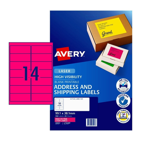 Avery #35957 Fluoro Pink High Visibility Laser Shipping Labels 14UP 99.1 x 38.1mm - L7163FP (350 Labels/25 Sheets)