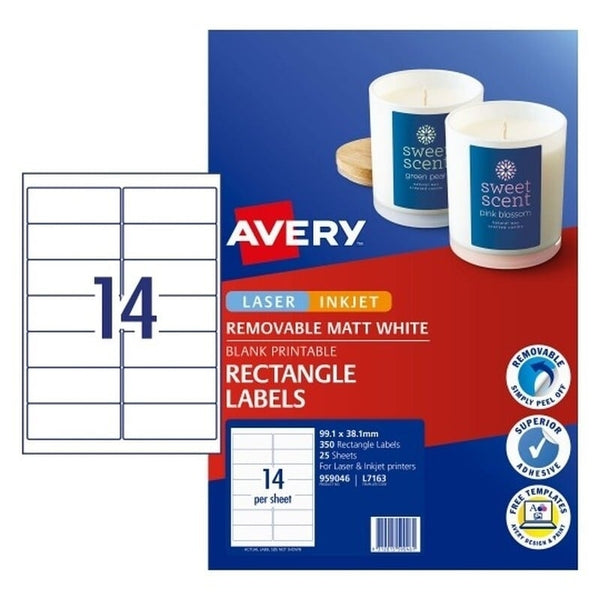 Avery #959046 White Matte Laser Inkjet Removable Multi-Purpose Rectangle Labels 14UP 99.1 x 38.1mm - L7163 (350 Labels/25 Sheets)