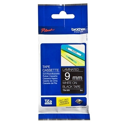 20 x Brother TZe-325 TZe325 Original 9mm White Text on Black Laminated Tape - 8 meters