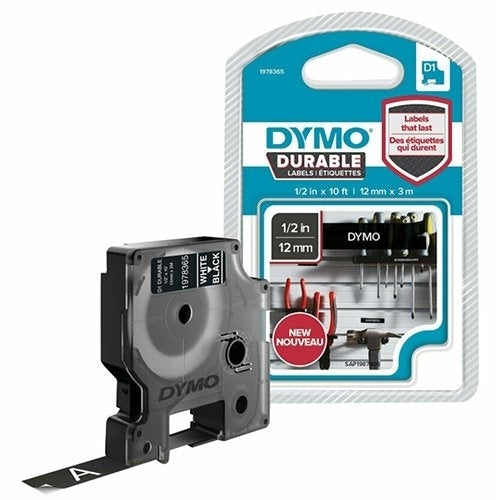 5 x Dymo SD1978365 Original 12mm x 3m White On Black D1 Durable Label Tape
