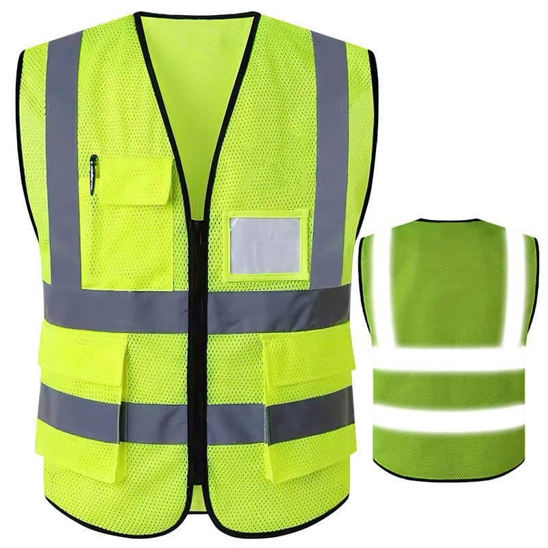 10-Pack Mesh Reflective Safety Vest with Pockets and ID Badge Holder Unisex Workwear with High Visibility Yellow - L