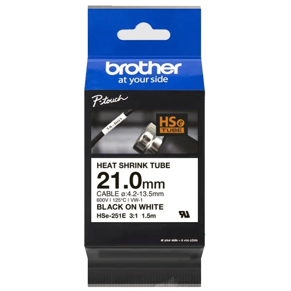 Original Brother HSe-251E HSe251E 21mm Black Text on White Heat Shrink Tube Tape - 1.5 meters