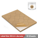 10 Sheets A4 Kraft Brown Paper Laser Inkjet Sticker Labels 60mm Round - 12 Labels Per Sheet