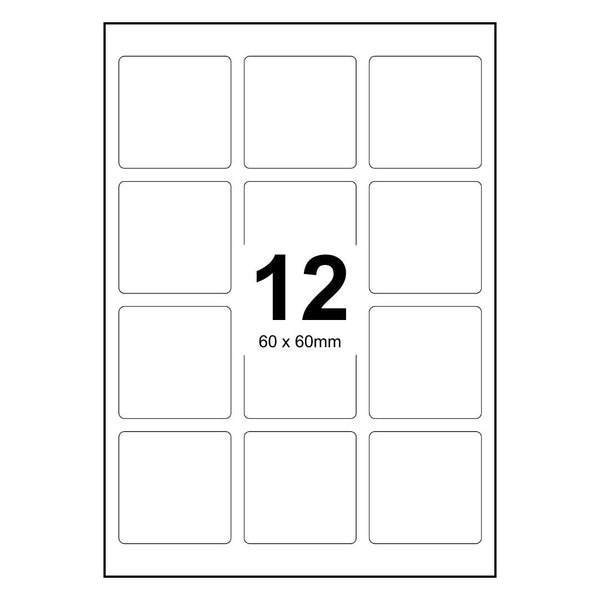 300 Sheets A4 White Self Adhesive Paper Laser Inkjet Sticker Labels 60 x 60mm Square - 12 Labels Per Sheet