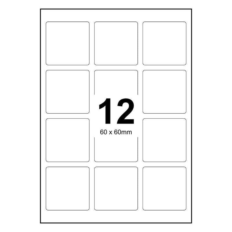 1000 Sheets A4 White Self Adhesive Paper Laser Inkjet Sticker Labels 60 x 60mm Square - 12 Labels Per Sheet