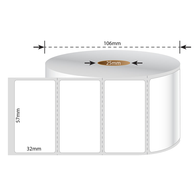 57mm X 32mm Perforated Direct Thermal Labels White - 2000 Labels per Roll