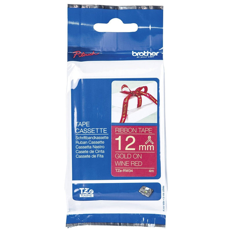Original Brother TZe-RW34 TZeRW34 12mm Gold Text on Wine Red Ribbon Tape - 4 metres