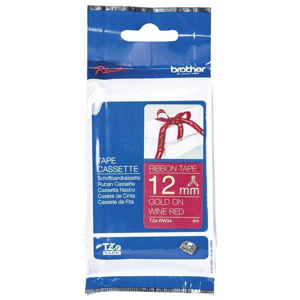 3 x Original Brother TZe-RW34 TZeRW34 12mm Gold Text on Wine Red Ribbon Tape - 4 metres