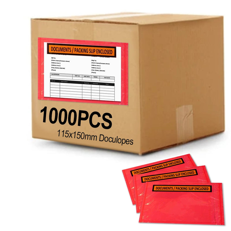 1000PCS 'DOCUMENTS / PACKING SLIP ENCLOSED' 115mm x 150mm Doculopes Sticker Pouch Document Envelope - Red