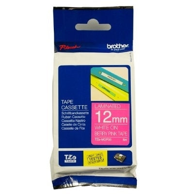 3 x Brother TZe-MQP35 TZeMQP35 Original 12mm White Text on Berry Pink Laminated Tape - 5 metres