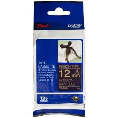 5 x Original Brother TZe-RN34 TZeRN34 12mm Gold Text on Navy Blue Ribbon Tape - 4 metres