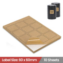 10 Sheets A4 Kraft Brown Paper Laser Inkjet Sticker Labels 60 x 60mm Square - 12 Labels Per Sheet