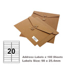 A4 White Self Adhesive Paper Address Mailing Laser Inkjet Sticker Labels 98 x 25.4mm - 20 Labels Per Sheet
